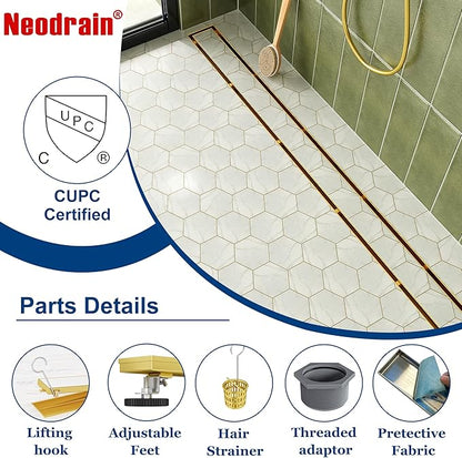 Neodrain 18-Inch Linear Shower Drain with Tile Insert Grate, Golden 304 Stainless Steel Rectangle Shower Floor Drain, Linear Drain with Leveling Feet, Hair Strainer