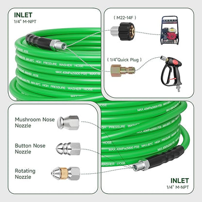 Sewer Jetter Kit for Pressure Washer 100FT – 5800PSI High-Pressure Drain Cleaner, M22 & 1/4'' NPT Universal Fit, Unclog Gutters & Sewer Lines, Durable Jetter Hose for Homeowners & DIYers