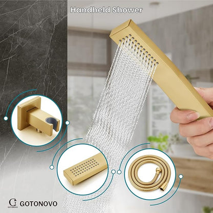 gotonovo Shower System with Tub Spout Wall Mounted Rain Shower Head and Handle Combo Shower Faucet Set with Valve, 12 Inch, Brushed Gold