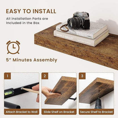fuqing Floating Shelves for Wall, Wall Mounted Wood Floating Shelf with Invisible Brackets for Living Room, Bathroom, Bedroom, Kitchen Storage and Decor,6.5 Inch Set of 3, Rustic Brown