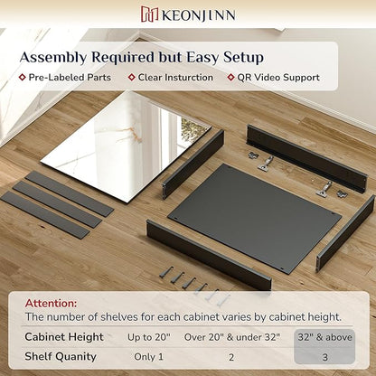 Keonjinn 64 x 32 Inch Medicine Cabinet, Assembly Required, Black Bathroom Medicine Cabinets Mirror, Lightweight, Adjustable Shelves, Surface Mount or Recessed, Tempered Glass