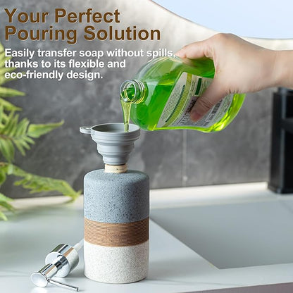 Ceramic Soap Dispenser Set for Hand Soap, Shampoo, Dish Soap, Conditioner, Bathroom & Kitchen, Stainless Steel Pump, Includes Silicone Funnel, 12 Oz, Non-Slip, Elegant Kitchen Decor, Gray