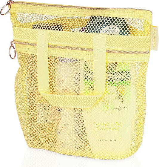 Mesh Shower Bag 10.2x9.9'' Quick-Dry Caddy with Zipper & 2 Pockets. Portable Toiletry Tote for Bathroom, Gym, Travel, Camp, Beach, for Sunscreen, Dorm & College Essentials (Yellow)