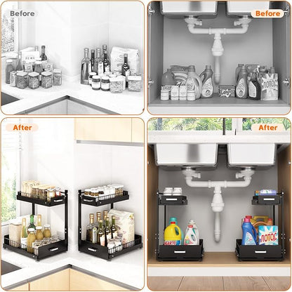 Under Sink Organizer,2 Tier Slide Out Kitchen Cabinet Organizers with Pulley,Under Bathroom Sink Pull Out Organizer with Multiple Height Adjustments for Kitchen and Bathroom Cabinets(Black)