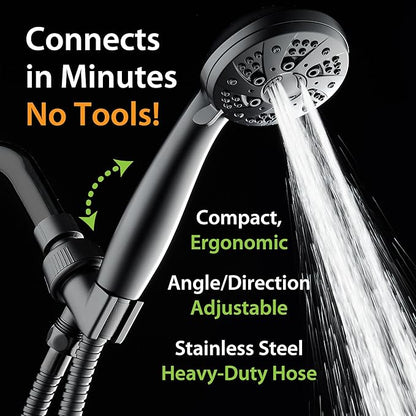 AquaDance High Pressure 6-Setting Matte Black Handheld Shower Head with Stainless Steel Hose. Officially Independently Tested to Meet Strict US Quality & Performance Standards!