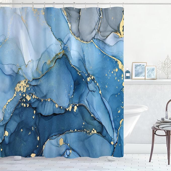 Blue Marble Shower Curtain 60x72, Modern Abstract Fabric Shower Curtains for Bathroom, Luxury Art Ink Texture Watercolor Cloth Shower Curtain Set with Hooks