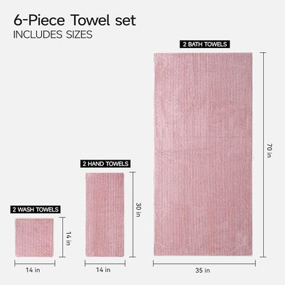 REDKISS Ultra Soft Bath Towels Set of 6 Large 35"x70" | 100% Microfiber, Highly Absorbent & Quick Dry | Pink Towels for Bathroom, Spa, Gym | 2 Bath, 2 Hand, 2 Washcloths