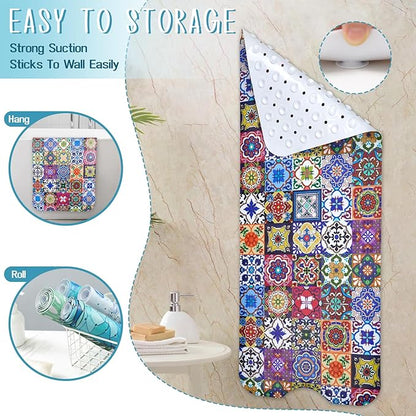 Boho Bathtub Mat Non Slip, Vintage Bath Tub Mat Baby Bath Mats for Bathroom Anti Slip Shower Mats for Inside Shower, Colorful Floral Bathmat with Suction and Drain Holes Machine Washable, 40″x16″