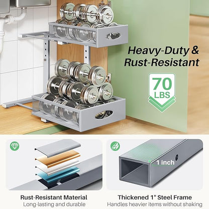 Under Sink Organizer, 1-Pack Pull Out Cabinet Organizer 2 Tier Metal Slide Out Storage Shelf Rack, L-Shaped Adjustable Height,Mesh Sliding Drawer for Kitchen, Bathroom, Laundry, Pantry, Grey, XL