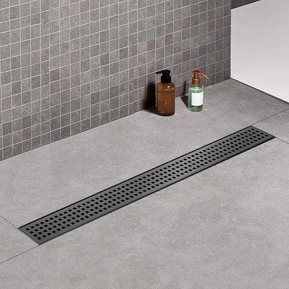 Offset Linear Shower Drain, Matte Black Shower Drain 36 inch with Removable Grate Cover, Brushed 304 Stainless Steel Side Outlet Black Shower Floor Drain with Hair Catcher and Leveling Feet