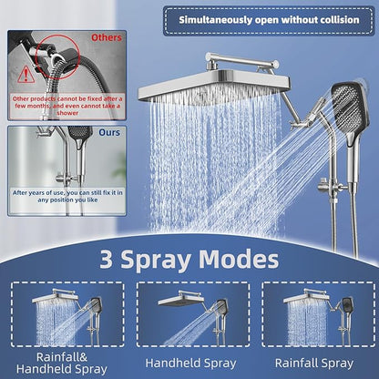 14" High Pressure Rain/Rainfall Shower Heads With Handheld Spray Combo (3+1 Settings & Built-in Power Wash Mode), Double/Dual Shower Head With Handheld - Height/Angle Adjustable(Polished Chrome)