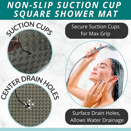 ENKOSI Square Shower Matt Non Slip - 21 x 21 - Shower Floor Mat - Anti Slip Mats for Shower Stall - Shower Bath Mat - Shower Grip Mat (21x21 Clear Grey)