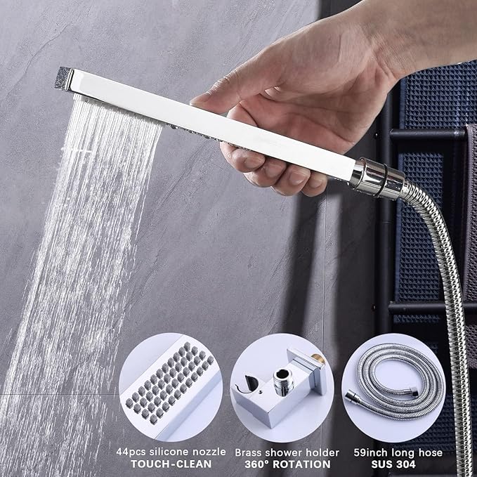 Polished Chrome Shower System with 12 inch Ceiling Mounted Shower Head and Dual 8 inch Wall Mounted Shower Head, Digital Display Shower Faucet Set with Handheld Spray