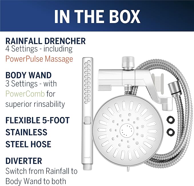 Waterpik High Pressure Handheld Wand and Rain Shower Head Combo with 8-Foot Long Metal Hose, BodyWand Spa System with 7 Spray Modes for Hair and Body, Chrome (Pack of 2)