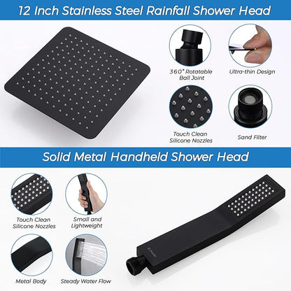 G-Promise All Metal 12 Inches Rainfall Shower Head with Handheld Spray Combo, 3 Settings Diverter, Adjustable Extension Arm with Lock Joints, 71 Inches Stainless Steel Hose (Matte Black)