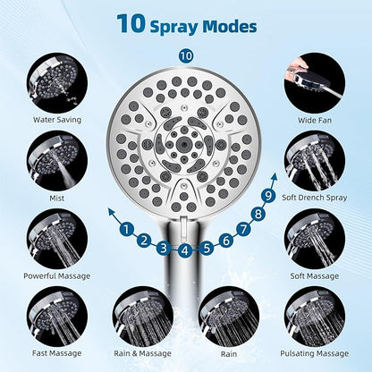 Hibbent All Metal Shower Head, 8'' High Pressure Rain Shower Head/Handheld Showerhead Combo with 16'' Adjustable Arc-shaped Extension Arm, 10 Sprays, 71'' Hose, Adhesive Showerhead Holder, Chrome