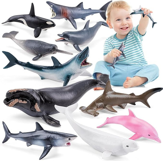 10PCS 5-6" Sea Animal Toys for Toddlers, Bath Ocean Animal Whale Shark Figurines Toys for Kids, Cake Toppers Birthday Party Favors & Gifts for Boys & Girls