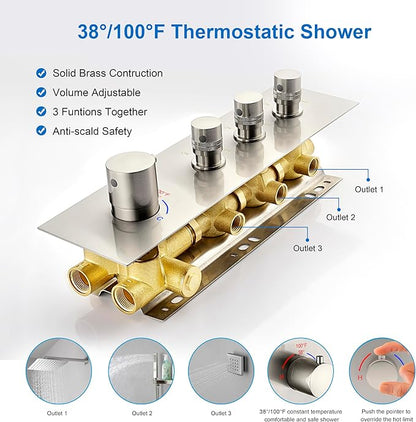 3 Way Shower Diverter Valve - Brushed Nickel, 3 Function Thermostatic Mixer Brass Valve with Individual On/Off Flow Control, Ideal for Shower Arm & Shower Kit