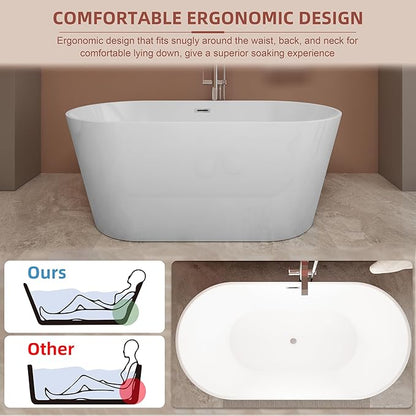 67 inch Freestanding Soaking Bathtub, Modern Stand Alone Free Standing Acrylic Tub with Center Drain & Overflow, Glossy White
