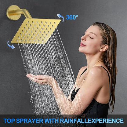 Shower Faucet Set, 12" Ceiling Mount Rainfall Shower System with 2 Rain Shower Head and Multi-function Handheld Head Push Button Diverter Shower Faucet Trim Kit (12", Brushed Gold)