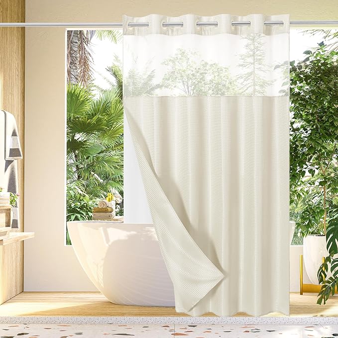 Gibelle Long Shower Curtain 72x80, Waffle Weave Bathroom Shower Curtain with Snap-in Fabric Liner Set, No Hooks Needed, Hotel Style with Mesh Top Window, Ivory