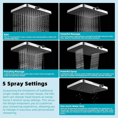 Hibbent 5 Spray Modes Shower Head, 13'' High Pressure Rain Shower Head, Large Rainfall Showerhead for Bathroom, High Flow Waterfall Fixed Showerheads with Adjustable Swivel Ball Joint, Chrome