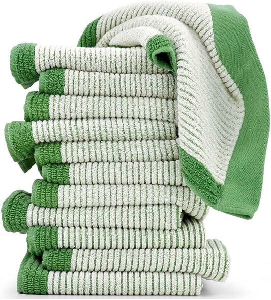 Cleanbear Wash Cloths for Showering, 12 Washcloths with Stylish Jacquard Weaved Design, Green Cotton Washcloth Set, 13 x 13 Inches