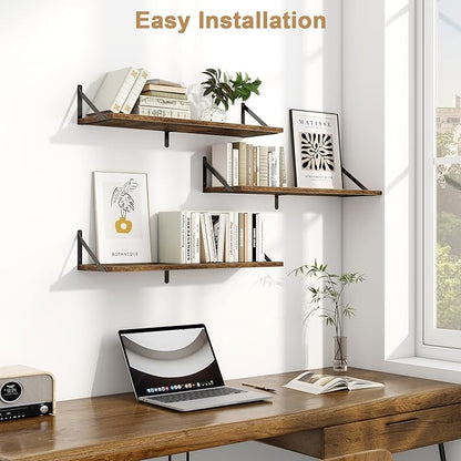 Fun Memories Floating Shelves, 32 x 8 Inches, Set of 3 Wall-Mounted Bookshelves with Metal Brackets, Decorative Storage for Home and Office (Rustic Brown)