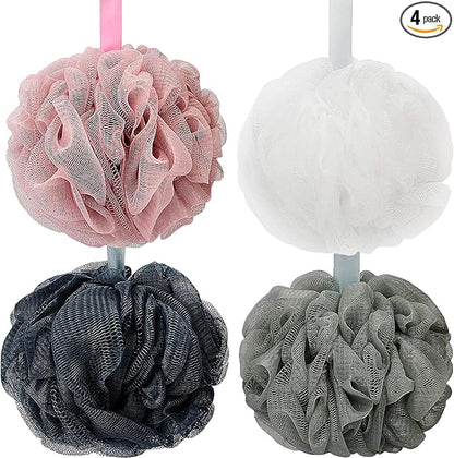 Bath Shower Loofah Sponge 60g Bath Mesh Pouf Shower Ball Body Scrubber Exfoliating Bath Sponge for Women and Men, Set of 4, Drak Grey-Pink-Grey-White