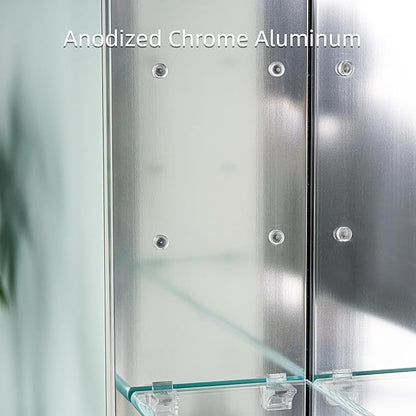 WELLFOR 16" x 30" Bathroom Medicine Cabinet, Anodized Chrome Aluminum Frame, Medicine Cabinet with Adjustable Glass Shelves, Bathroom Cabinet with Reverse Door Installation, Surface or Recessed Mount