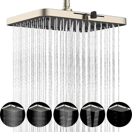 Hibbent 5 Spray Modes Shower Head, 13'' High Pressure Rain Shower Head, Large Rainfall Showerhead, High Flow Waterfall Bathroom Fixed Showerheads, Adjustable Swivel Ball Joint, Brushed Nickel