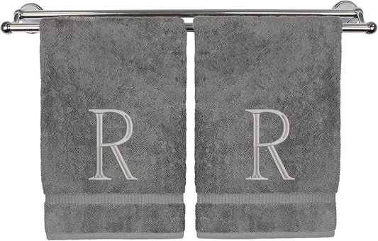 Monogrammed Hand Towel, Personalized Initial Gift, Extra Absorbent 100% Turkish Cotton - Soft Terry Finish - Set of 2 - Silver Block Initial R - Embroidered on Grey Towels
