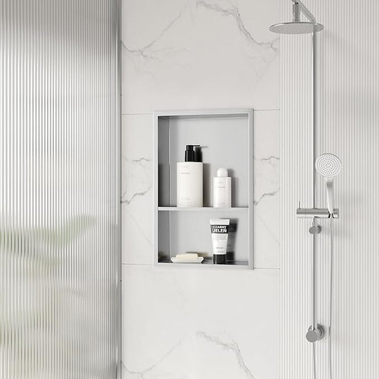 Stainless Steel Shower Niche 18" X 12", No Tile Needed Wall Niche Double Shelves, Recessed Shower Shelf for Bathroom Storage, Brushed Nickel