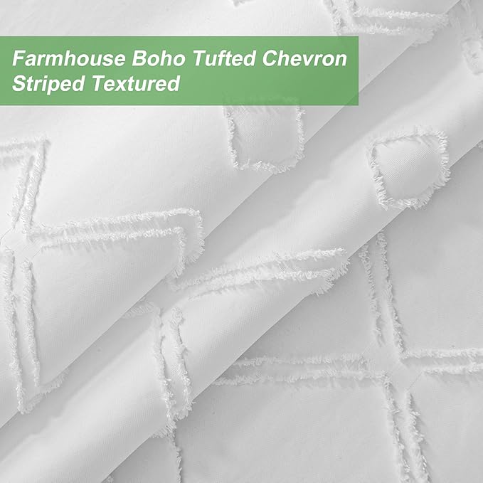 Extra Long No Hooks Shower Curtains, 98 Inches Long Boho Tufted Chevron Striped Fabric Shower Curtain for Bathroom with Snap in Liner, White Water Resistant Cloth Shower Curtain Set