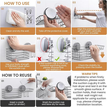 LEVERLOC Shower Caddy Suction Cup, 2 Pack Shelves for Inside with Hooks and Soap Holder, NO-Drilling Bathroom Holder, Rustproof Meatl Bathroom Organizer, Grey