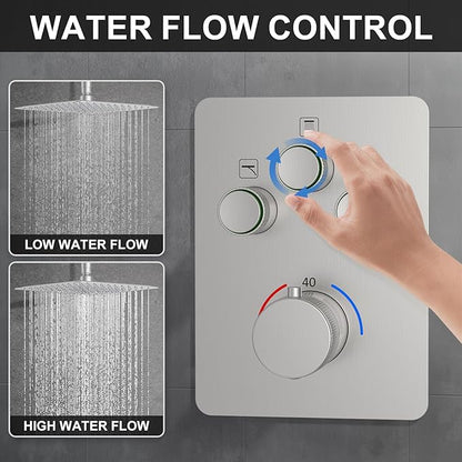 KOJOX Brushed Nickel Thermostatic Shower System, Push Button Diverter Shower Faucet Set with 12" Ceiling Mount Rain Shower, 6" Wall Mount Shower Head, and 4-in-1 Handheld Spray