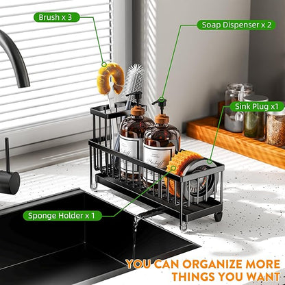 Cisily Extra Large Black Sponge Holder for Kitchen Sink, Sink Caddy Organizer with High Brush Holder, Kitchen Countertop Organizers and Storage Essentials, Rustproof 304 Stainless Steel