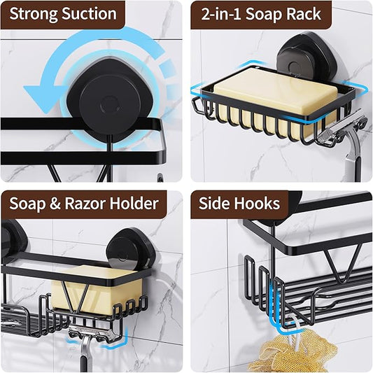KEGII Shower Caddy Suction Cup, 3 Pack Removable Shower Shelves with Hooks & Soap Holder, No Drilling Bathroom Organizer, Waterproof Suction Storage for Inside Shower, Black
