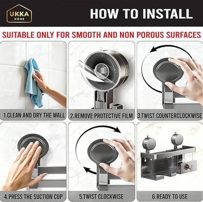 Suction Cup ALUMINUM Hair Dryer Storage Organizer with Shelf & Hooks for Bathroom. Reusable, Rustproof, No Drill, No Tools. Multifunctional, Hang Towel, Loofah, Sponge (2 Cups, Gray)