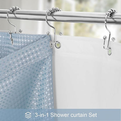 3 in 1 Stall Half Size Blue Shower Curtain Set-36 W x 72 H, Fog Blue Waffle Waterproof Fabric and PEVA Liner Set with Stainless Steel Hooks