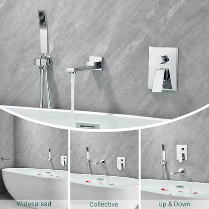 DASAN Swiveling Wall Mount Tub Filler Faucet Set with Hand Held Shower, Chrome Modern Creative Bathtub Faucet Wall Mounted Bath Tub Faucet with High Flow Rough in Valve, SA-TF05WH-PC