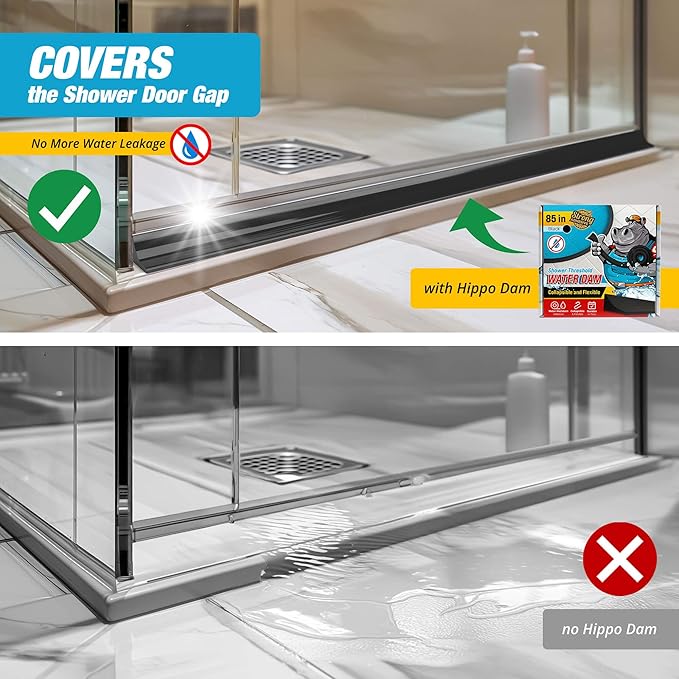 Shower Threshold Water Dam Barrier 85" - Black Collapsible Shower Water Blocker - Guard for Walk in Shower - Water Guard Stopper for Floor - Shower Door Water Blocker by Hippo Dam
