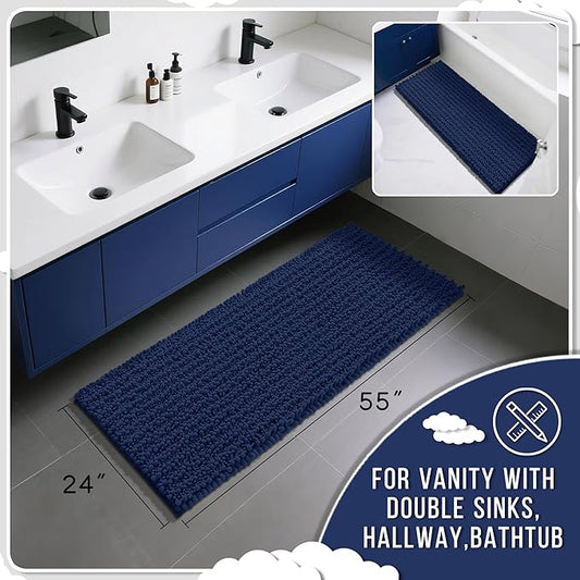 Yimobra Bathroom Runner Rug 55x24 Inch - Extra Long Non Slip Chenille Bath Mat, Soft & Absorbent, Machine Washable Shaggy Hallway Carpet for Vanity Tub Shower, Navy Blue Home Decor Accessories