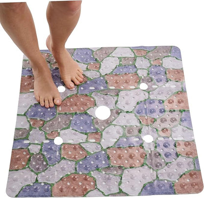ENKOSI Square Shower Mat 27x27 inch - Anti Slip Shower Stall Floor Mat - Non Slip Shower Mats with Strong Secure Suction Cups and Drain Holes in Middle (27x27 Stone Path)