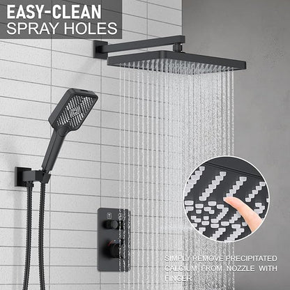 Thermostatic Shower System 13-Inch Rainfall Shower Head - 3 Setting Handheld Sprayer, Complete Bathroom Set with Faucet Mixer Trim Kit & Valve Matte Black