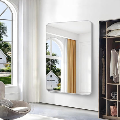 BONEWEI Silver Bathroom Mirror,60x40 inch Wall Mirror for Bathroom Wall Mounted,Rectangle Mirror for Bathroom Over Sink,Modern Frame Round Corner for Living Room,Bedroom Entryway,Horizontal/Vertical