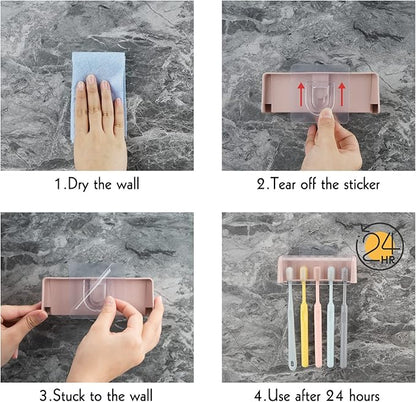 5 Slots Wall Mount Toothbrush Holder with Cover, Self Adhesive Toothbrush Storage Organizer for Shower, Toothbrush Hanger for Bathroom, Medicine Cabinet, Dorm (Pink)
