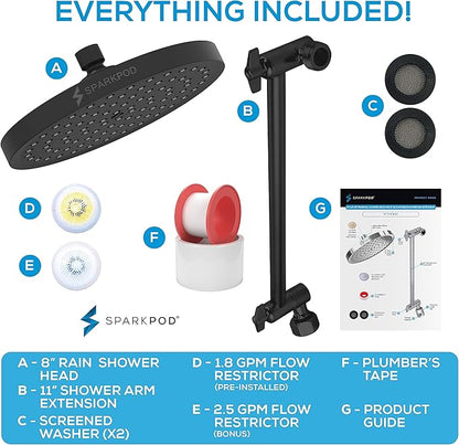SparkPod Round Rain Shower Head with Shower Head Extension Arm - High Pressure Rain - Luxury Modern Look - No Hassle Tool-less 1-Min Installation (11" Shower Arm Extension, Midnight Black Matte)