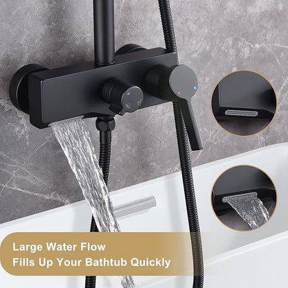 Matte Black Exposed Shower System with 2 Modes HandHeld,3 Functions Tub Shower Faucet Sets with Brass Valve, Shower Fixture with 10 Inches Rainfull Shower Head,Shower Height Adjustable