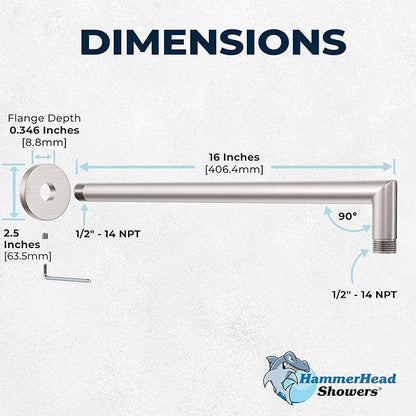 HammerHead Showers® Solid Metal 16 Inch Extended Shower Arm and Flange with Set Screw, Long Shower Arm, Extends Rain Shower Overhead, Wall-Mounted Rain Shower Arm, Brushed Nickel